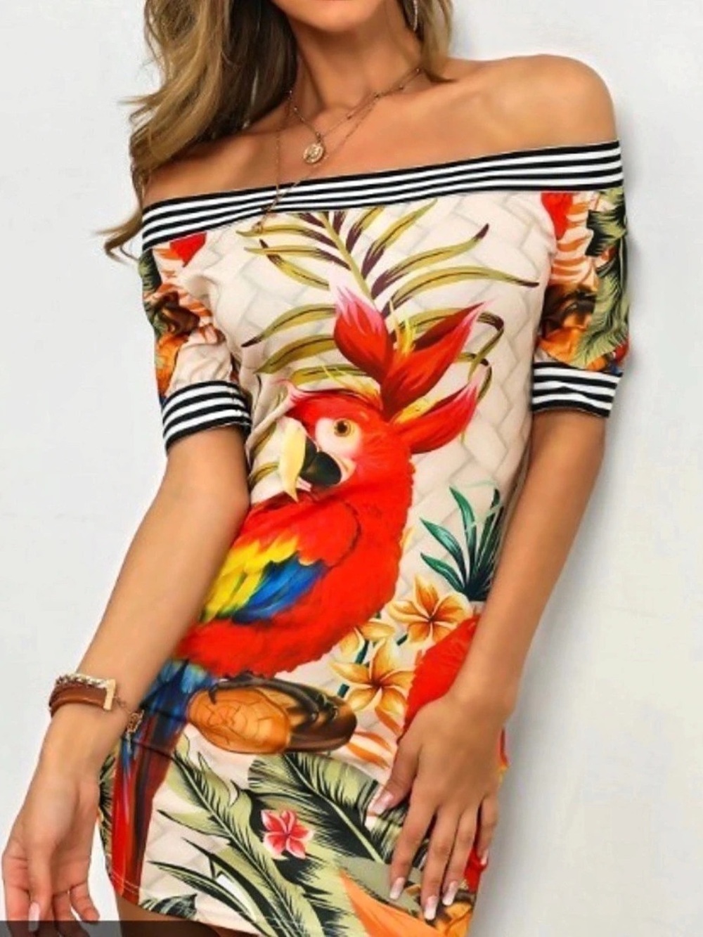 Tropical Parrot Print Off-Shoulder Dress Mini Dress